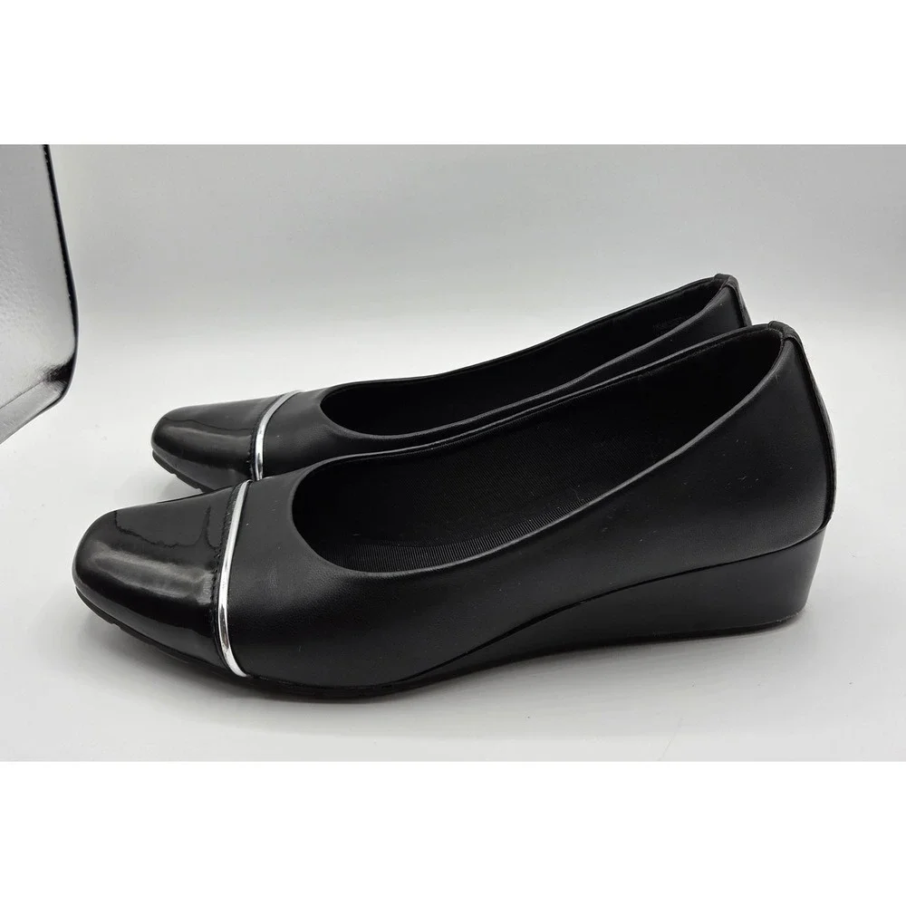 Anne Klein Mildred Black Wedge Pumps Patent Cap Toe Silver Trim Shoes‎ Size 8.5M